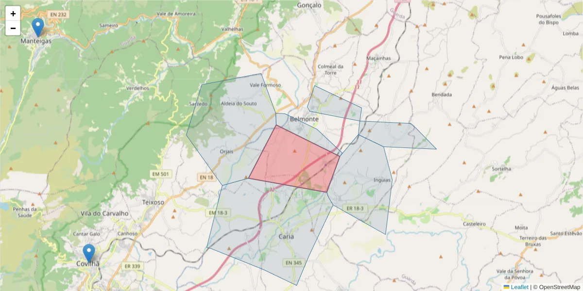 Mapa detalhado do código postal 6250-909 com limites, códigos postais vizinhos e agências dos correios