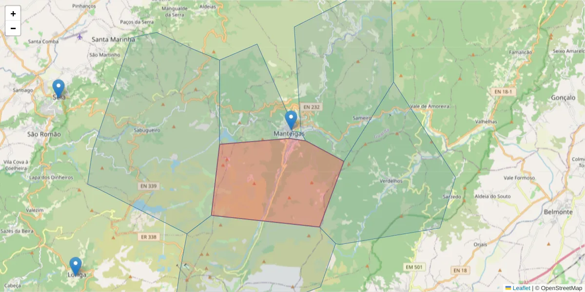 Mapa detalhado do código postal 6260-014 com limites, códigos postais vizinhos e agências dos correios