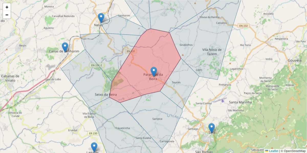 Mapa detalhado do código postal 6270-133 com limites, códigos postais vizinhos e agências dos correios