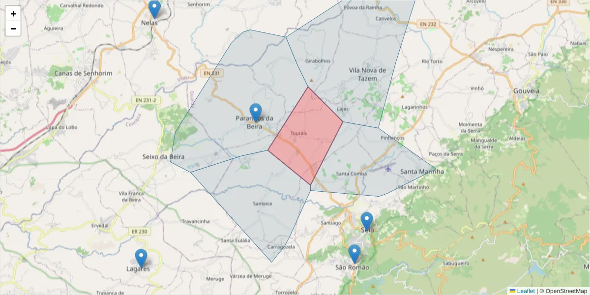 Mapa detalhado do código postal 6270-581 com limites, códigos postais vizinhos e agências dos correios