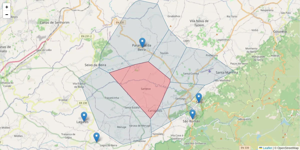 Mapa detalhado do código postal 6270-584 com limites, códigos postais vizinhos e agências dos correios