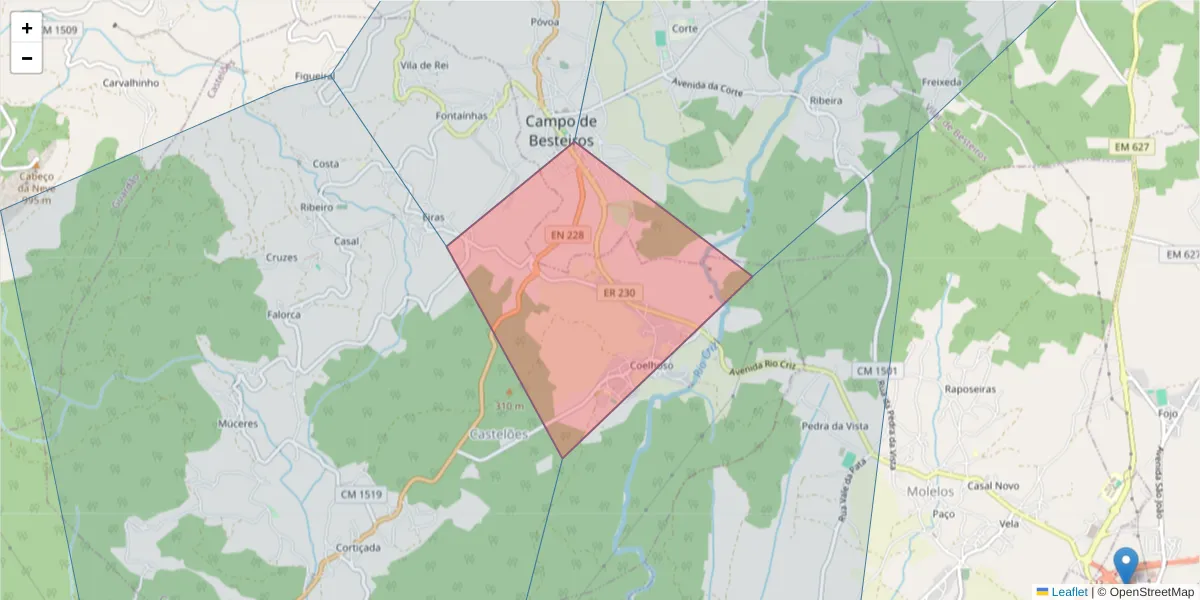 Mapa detalhado do código postal 6300-551 com limites, códigos postais vizinhos e agências dos correios