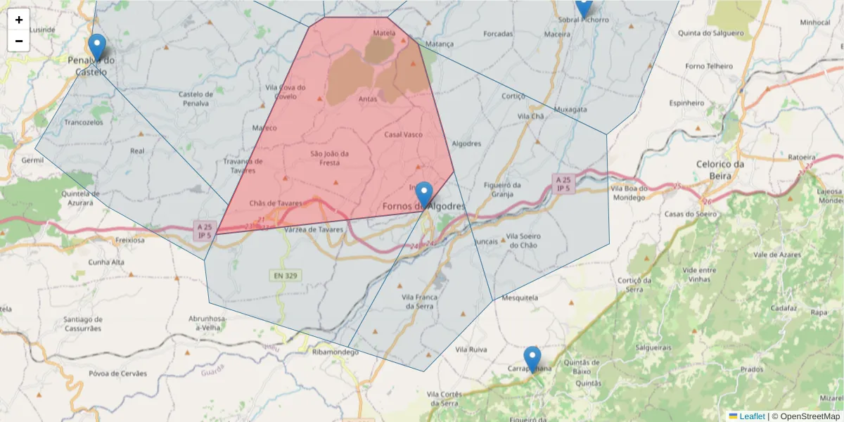 Mapa detalhado do código postal 6370-147 com limites, códigos postais vizinhos e agências dos correios