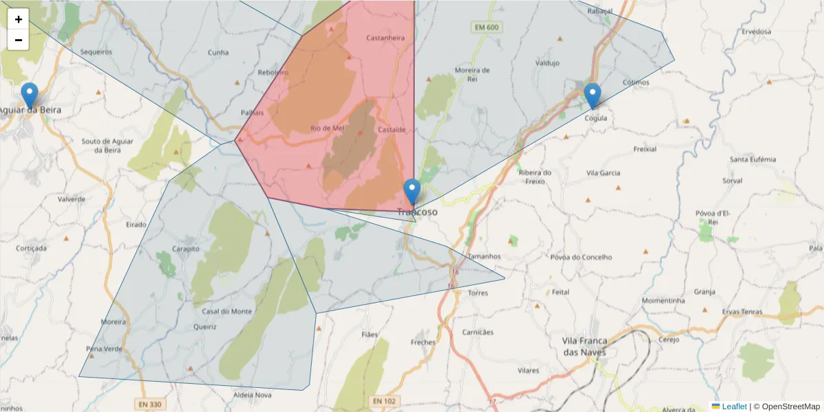 Mapa detalhado do código postal 6420-999 com limites, códigos postais vizinhos e agências dos correios