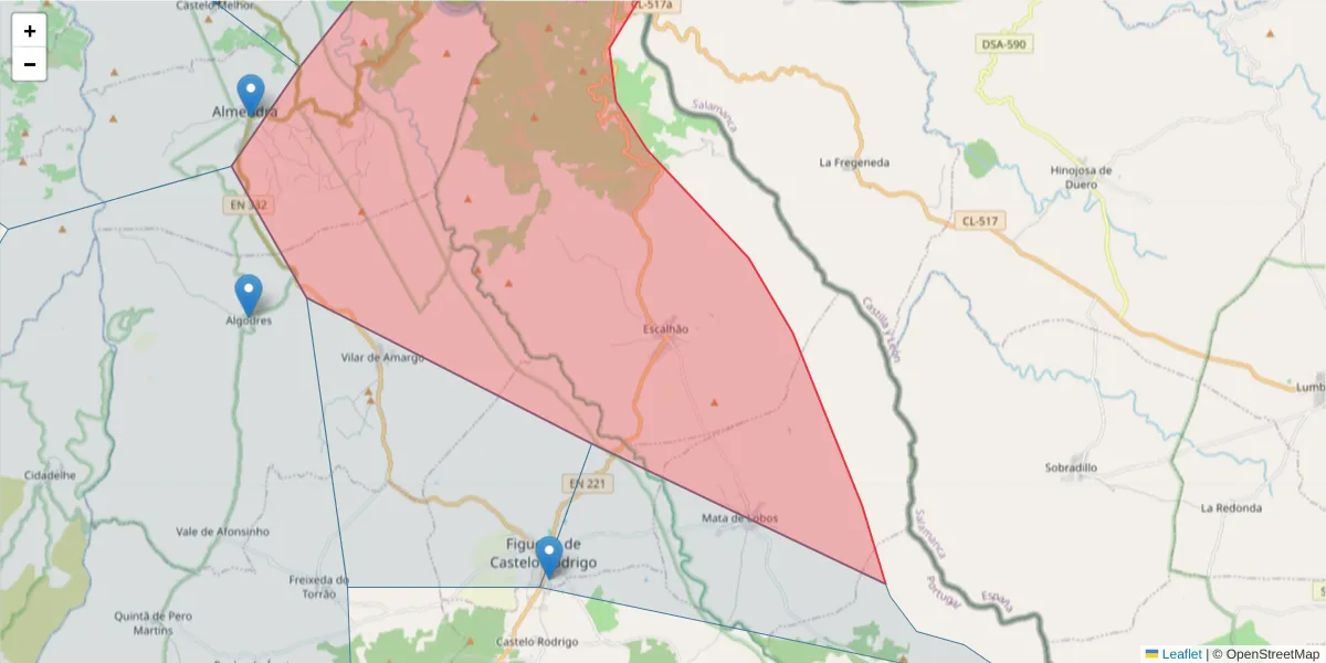 Mapa detalhado do código postal 6440-072 com limites, códigos postais vizinhos e agências dos correios