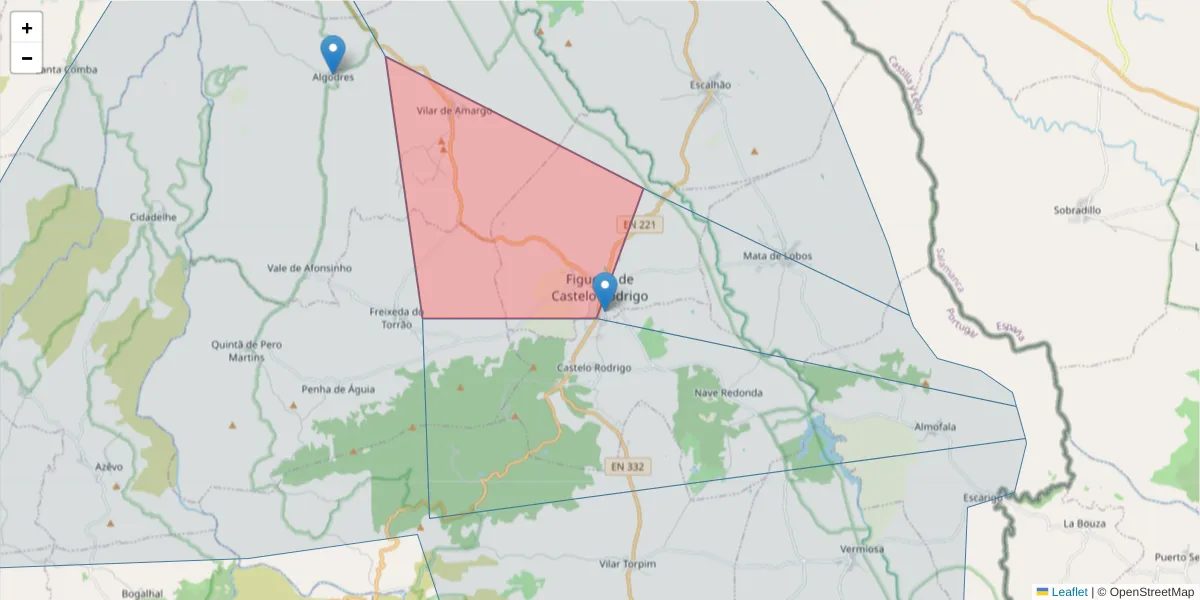 Mapa detalhado do código postal 6440-111 com limites, códigos postais vizinhos e agências dos correios