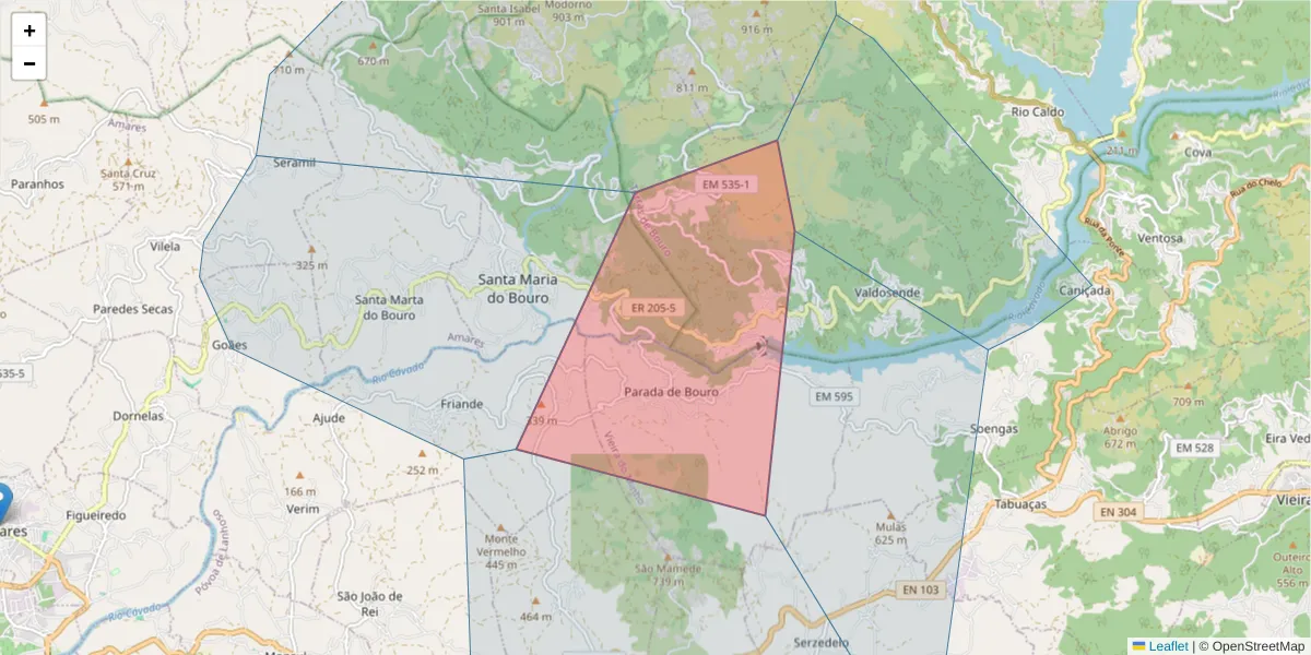 Mapa detalhado do código postal EM59 com limites, códigos postais vizinhos e agências dos correios