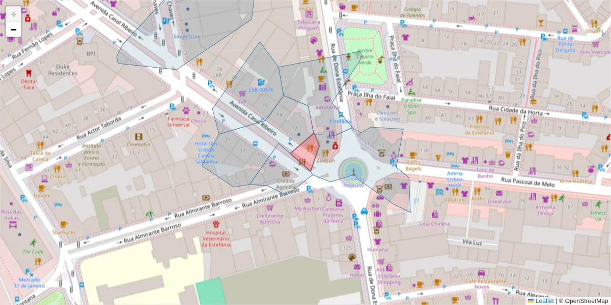 Mapa detalhado do código postal 1000-024 com limites, códigos postais vizinhos e agências dos correios