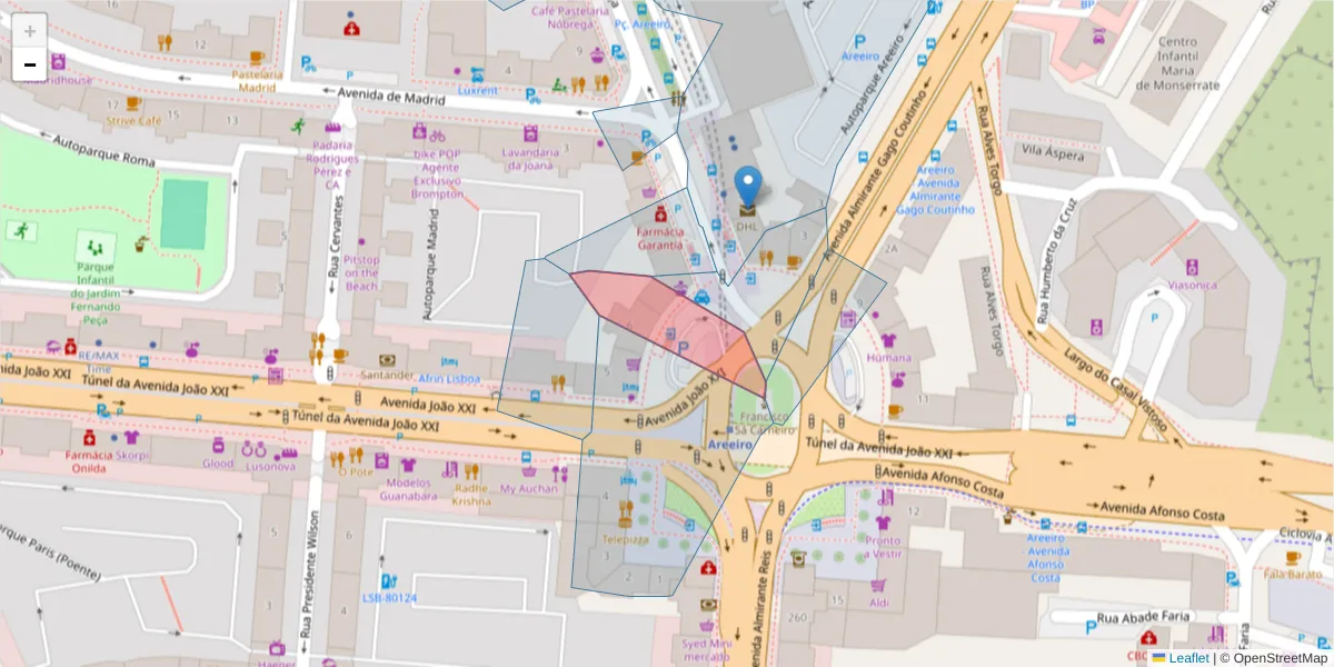 Mapa detalhado do código postal 1000-052 com limites, códigos postais vizinhos e agências dos correios