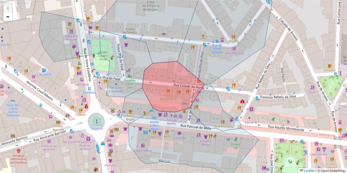 Mapa detalhado do código postal 1000-101 com limites, códigos postais vizinhos e agências dos correios