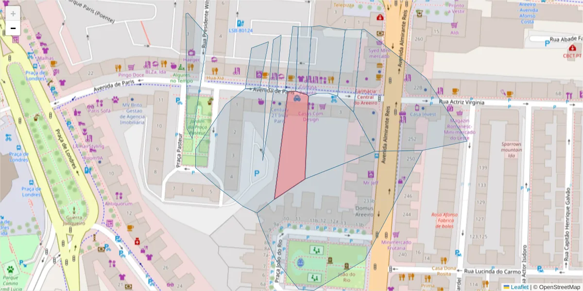 Mapa detalhado do código postal 1000-157 com limites, códigos postais vizinhos e agências dos correios
