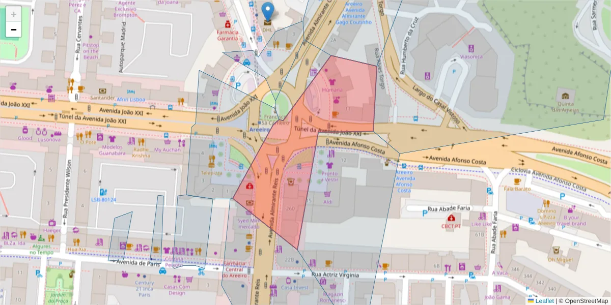 Mapa detalhado do código postal 1000-160 com limites, códigos postais vizinhos e agências dos correios