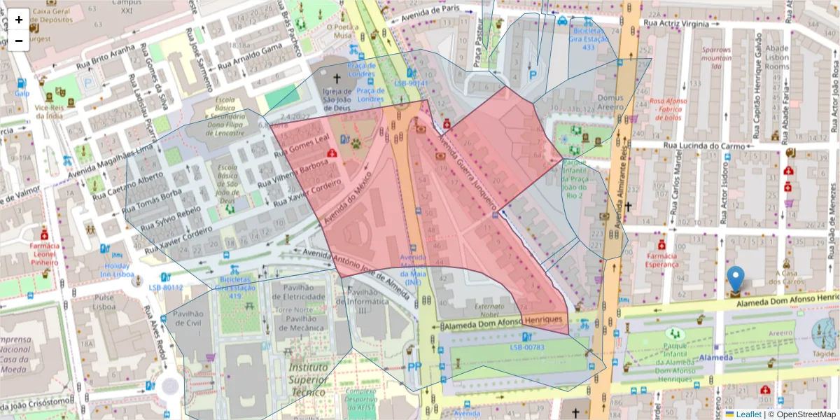 Mapa detalhado do código postal 1000-166 com limites, códigos postais vizinhos e agências dos correios