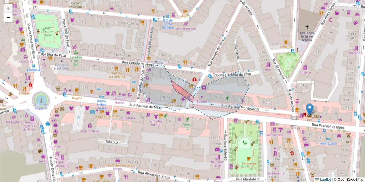 Mapa detalhado do código postal 1000-253 com limites, códigos postais vizinhos e agências dos correios