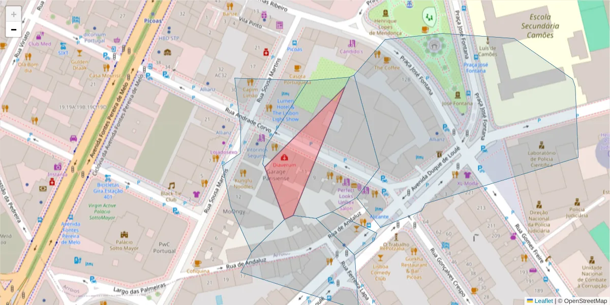 Mapa detalhado do código postal 1050-007 com limites, códigos postais vizinhos e agências dos correios