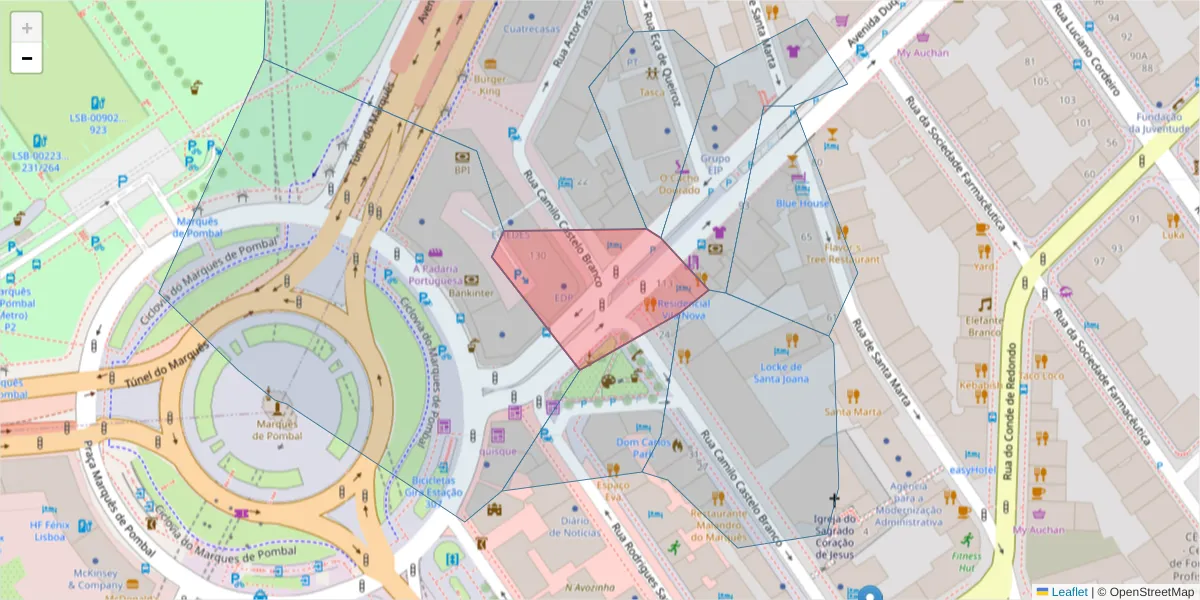 Mapa detalhado do código postal 1050-044 com limites, códigos postais vizinhos e agências dos correios