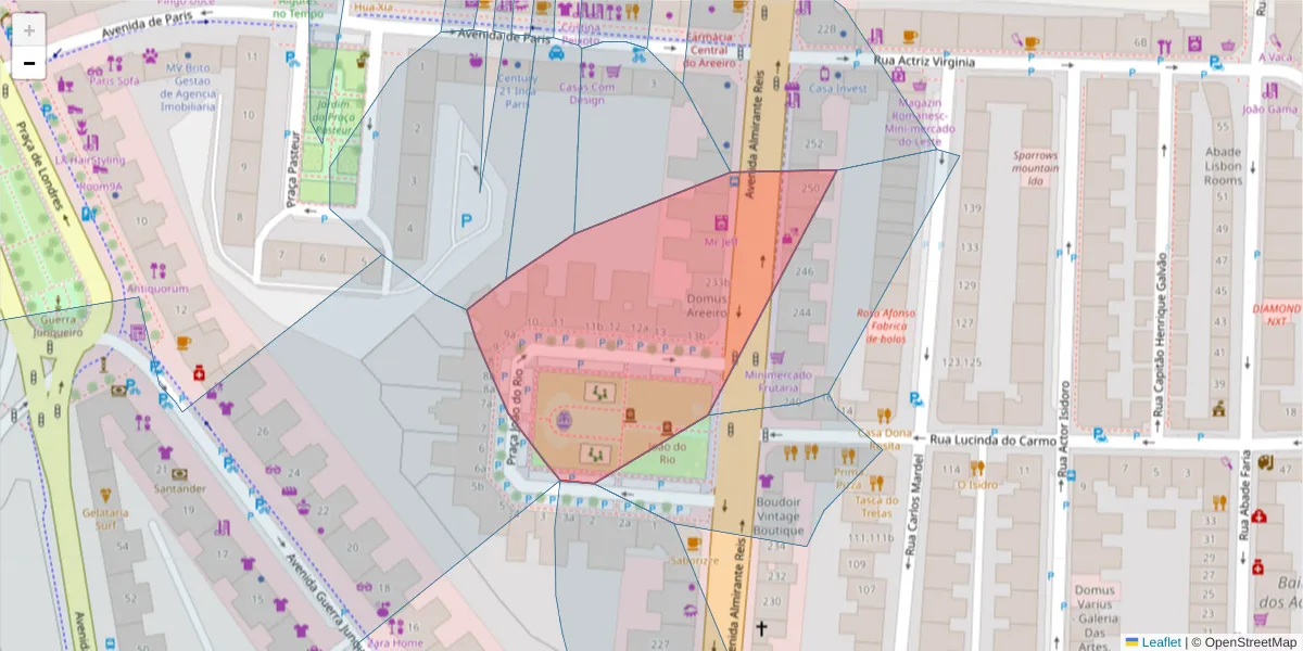 Mapa detalhado do código postal 1050-051 com limites, códigos postais vizinhos e agências dos correios
