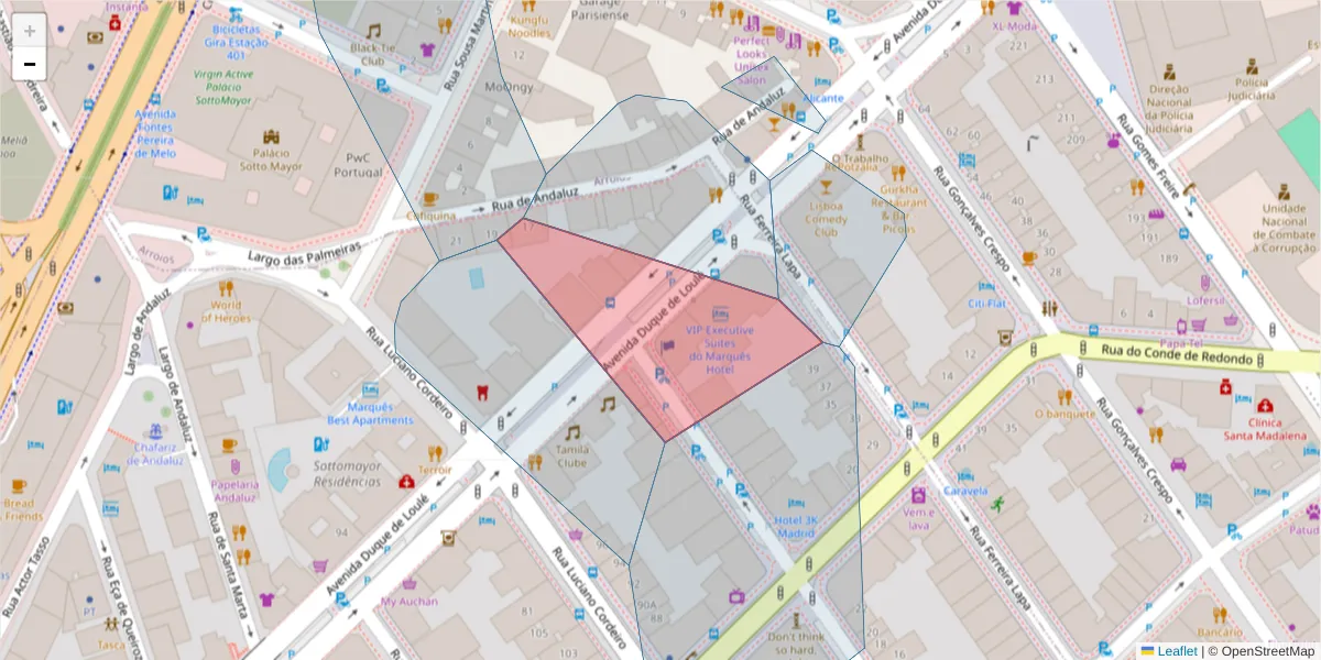 Mapa detalhado do código postal 1050-086 com limites, códigos postais vizinhos e agências dos correios