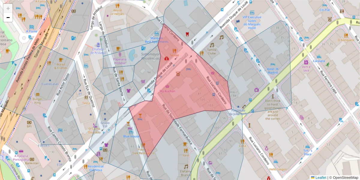 Mapa detalhado do código postal 1050-088 com limites, códigos postais vizinhos e agências dos correios