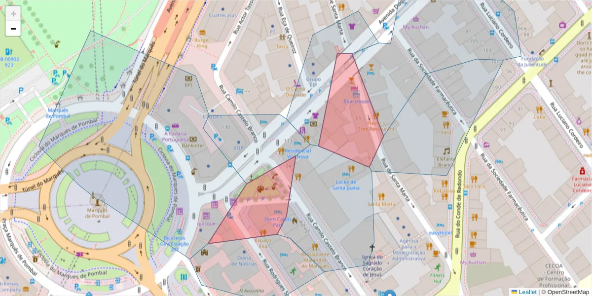 Mapa detalhado do código postal 1050-089 com limites, códigos postais vizinhos e agências dos correios