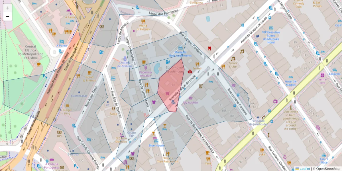 Mapa detalhado do código postal 1050-092 com limites, códigos postais vizinhos e agências dos correios