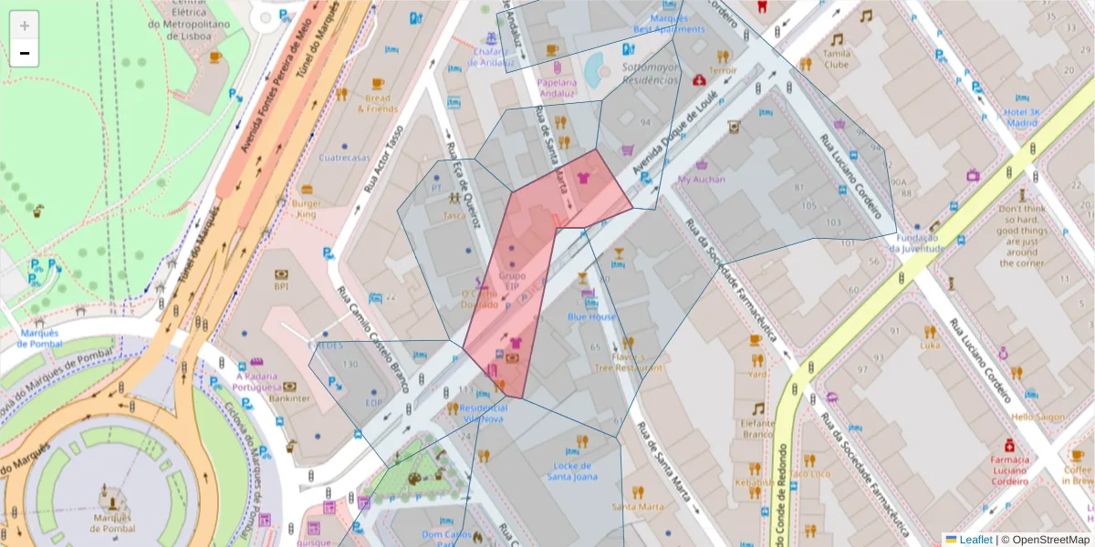 Mapa detalhado do código postal 1050-093 com limites, códigos postais vizinhos e agências dos correios