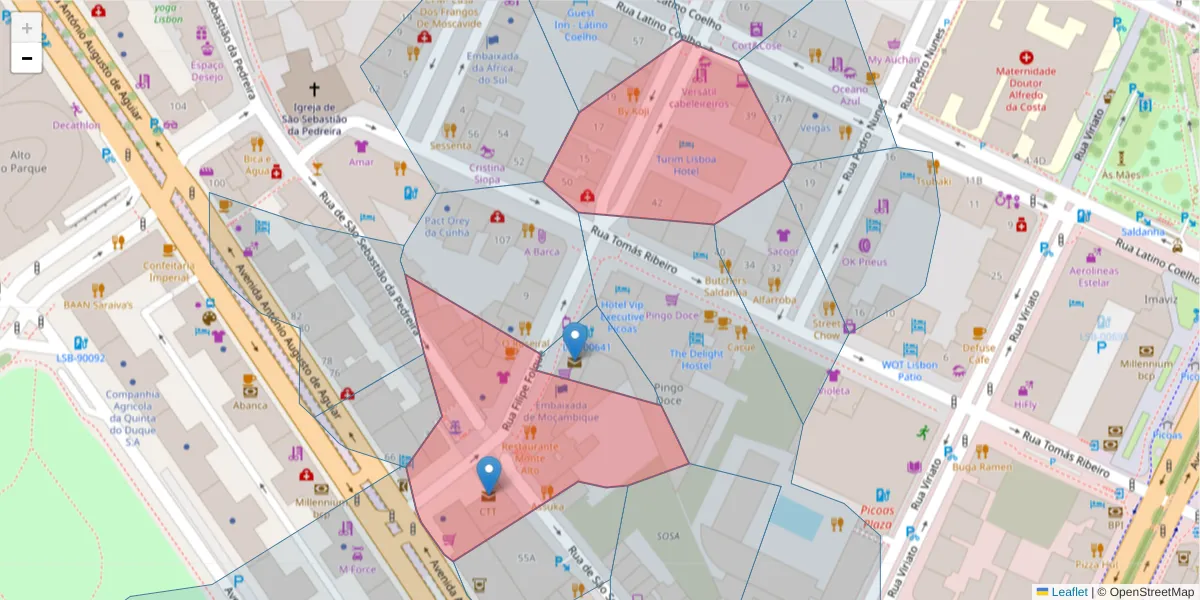 Mapa detalhado do código postal 1050-113 com limites, códigos postais vizinhos e agências dos correios