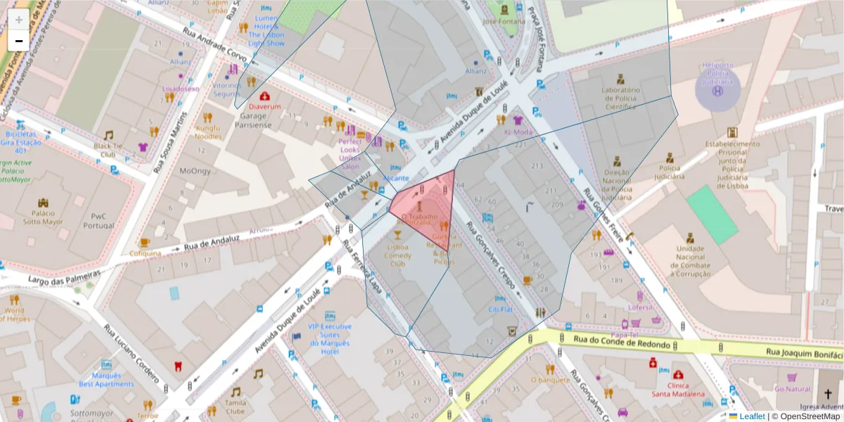 Mapa detalhado do código postal 1050-120 com limites, códigos postais vizinhos e agências dos correios