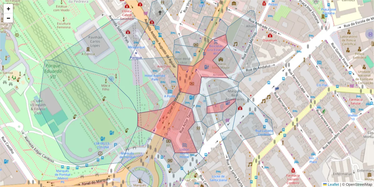 Mapa detalhado do código postal 1050-121 com limites, códigos postais vizinhos e agências dos correios