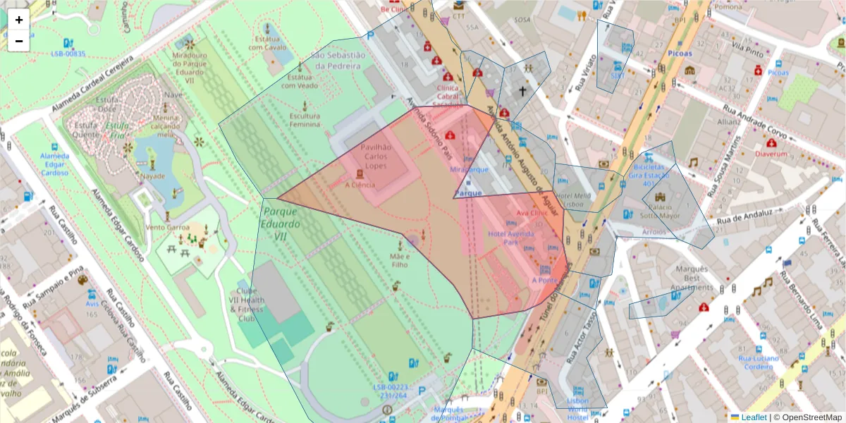 Mapa detalhado do código postal 1050-214 com limites, códigos postais vizinhos e agências dos correios