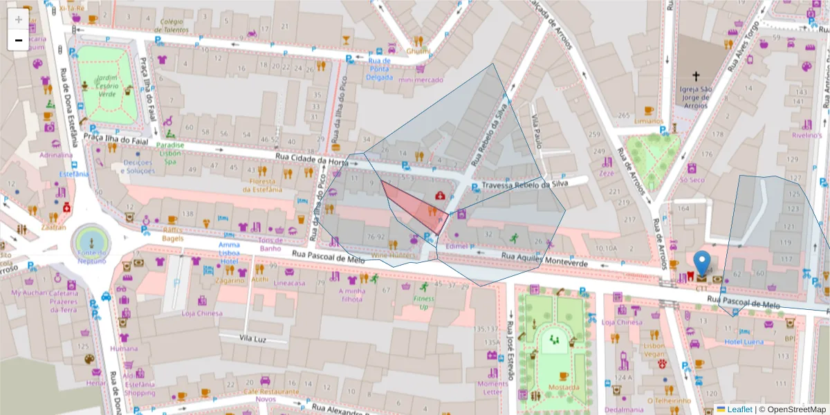 Mapa detalhado do código postal 1050-253 com limites, códigos postais vizinhos e agências dos correios