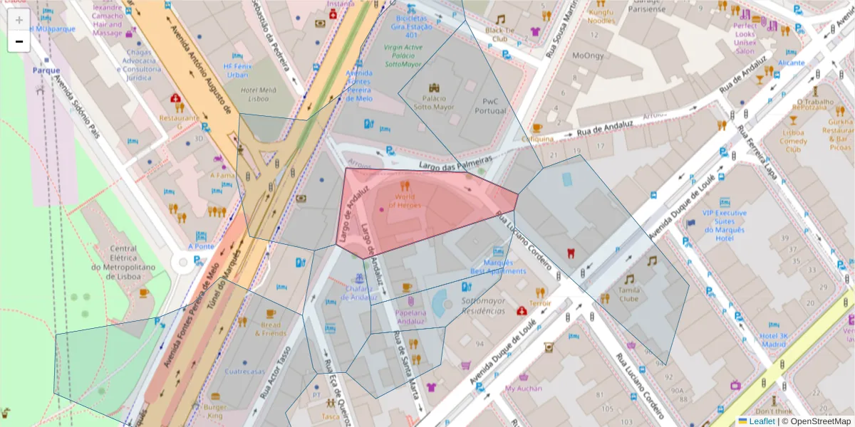 Mapa detalhado do código postal 1069-103 com limites, códigos postais vizinhos e agências dos correios