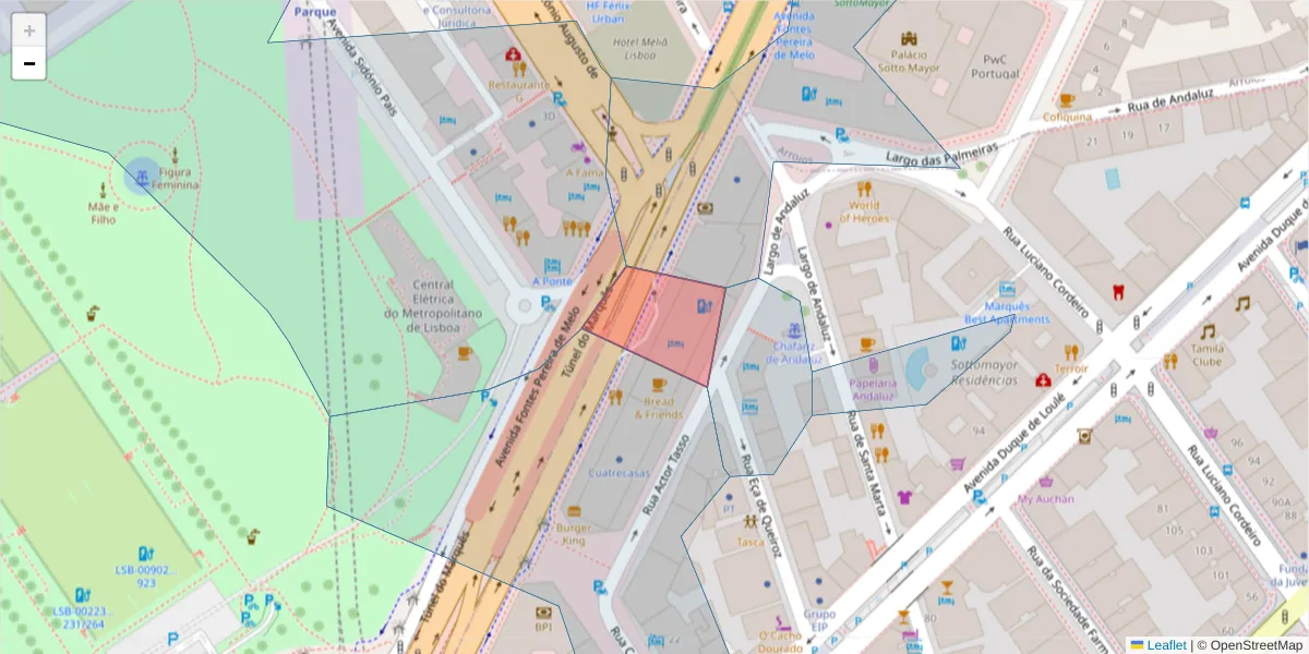 Mapa detalhado do código postal 1069-310 com limites, códigos postais vizinhos e agências dos correios