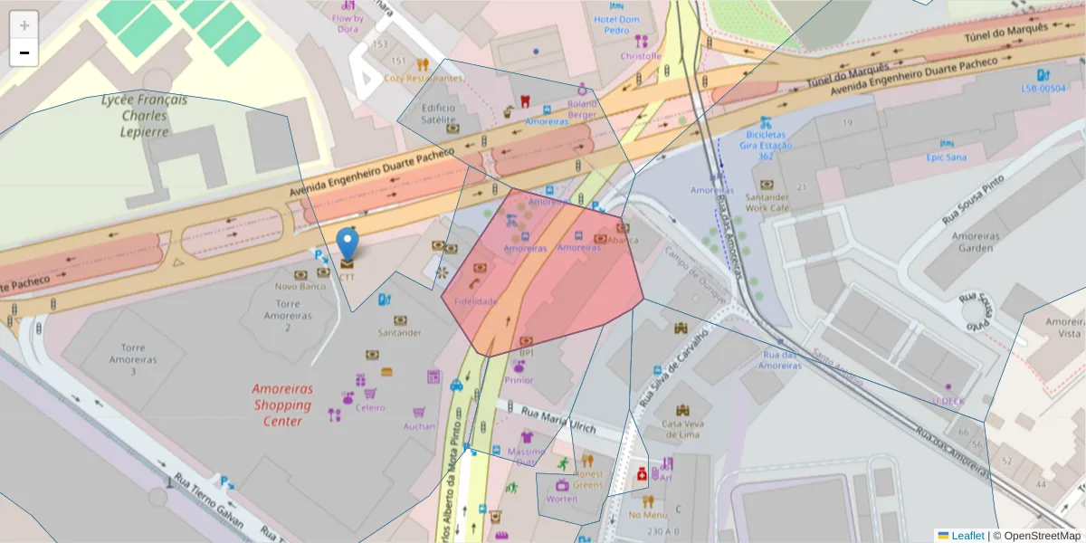 Mapa detalhado do código postal 1070-008 com limites, códigos postais vizinhos e agências dos correios