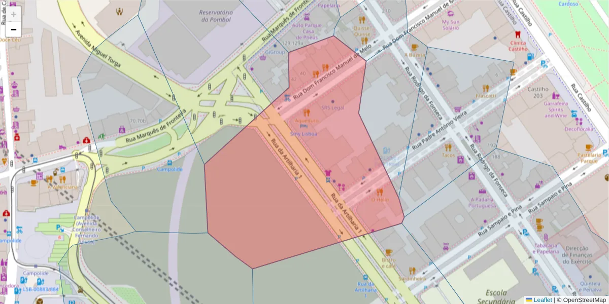 Mapa detalhado do código postal 1070-015 com limites, códigos postais vizinhos e agências dos correios