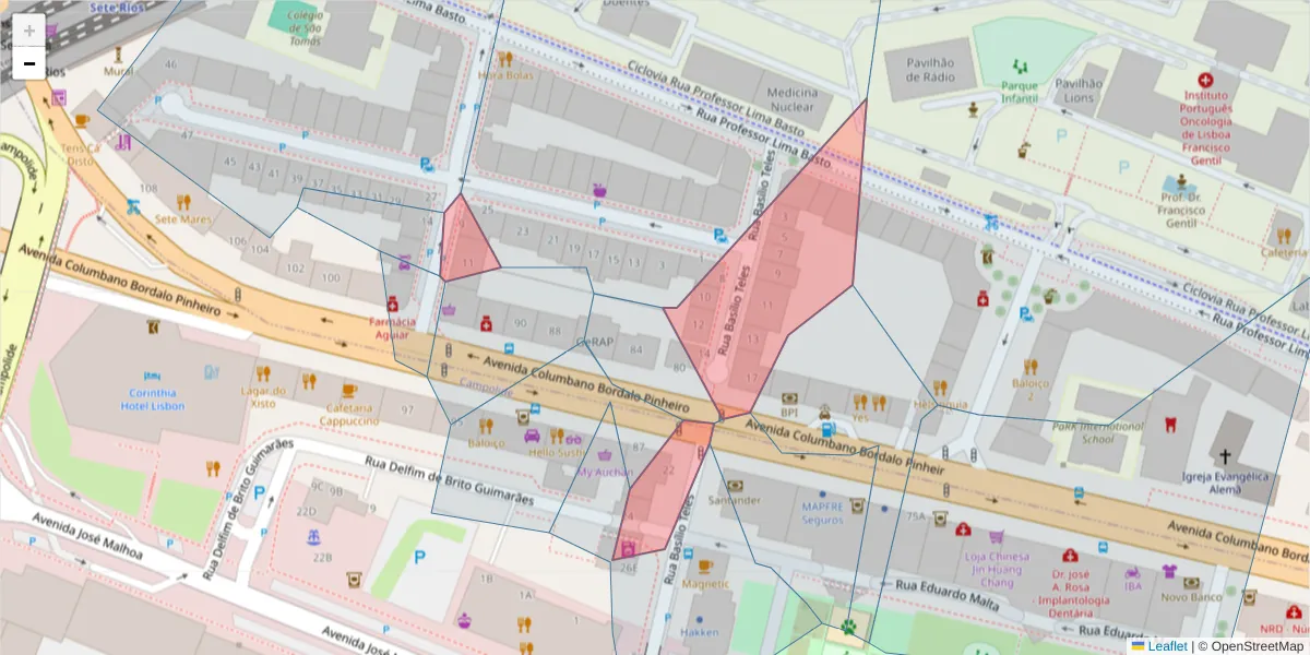 Mapa detalhado do código postal 1070-021 com limites, códigos postais vizinhos e agências dos correios
