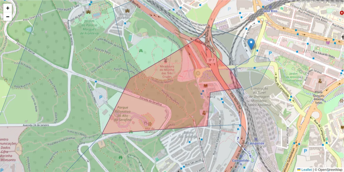 Mapa detalhado do código postal 1070-023 com limites, códigos postais vizinhos e agências dos correios