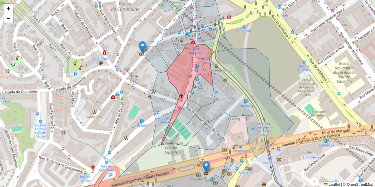 Mapa detalhado do código postal 1070-026 com limites, códigos postais vizinhos e agências dos correios