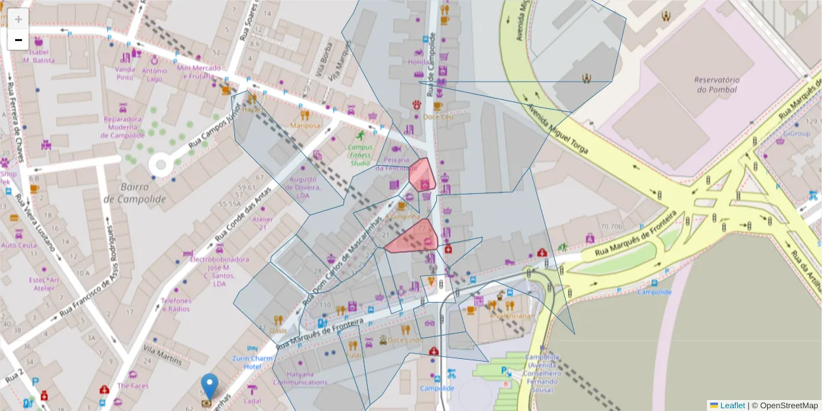 Mapa detalhado do código postal 1070-027 com limites, códigos postais vizinhos e agências dos correios