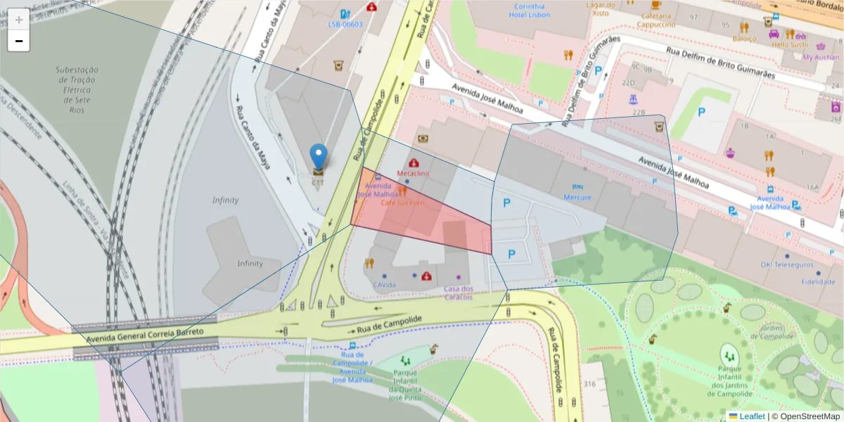 Mapa detalhado do código postal 1070-033 com limites, códigos postais vizinhos e agências dos correios