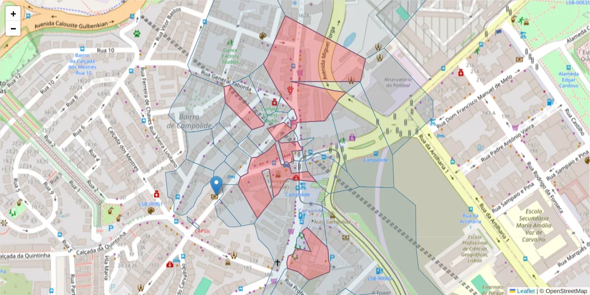 Mapa detalhado do código postal 1070-036 com limites, códigos postais vizinhos e agências dos correios