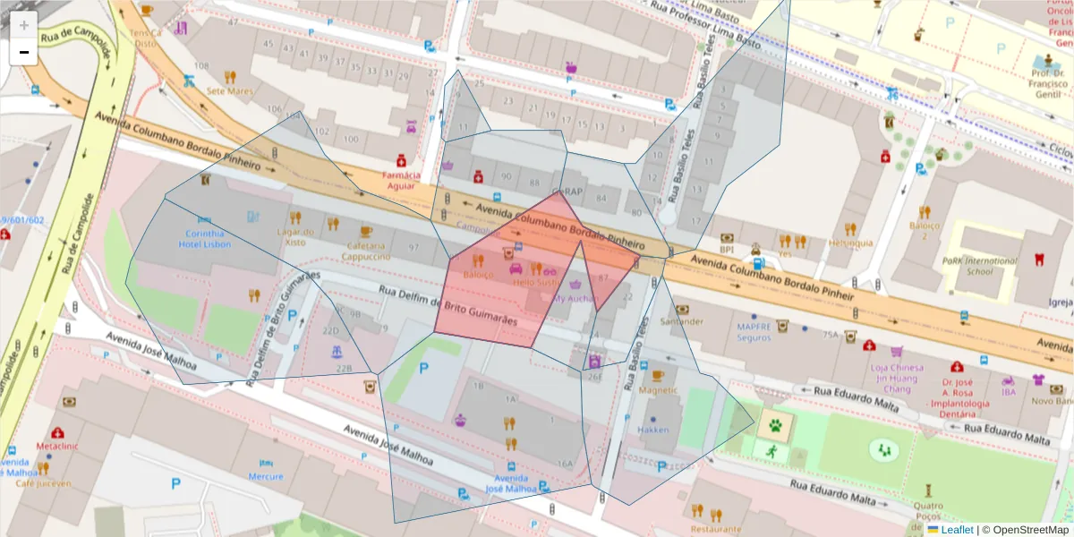 Mapa detalhado do código postal 1070-062 com limites, códigos postais vizinhos e agências dos correios