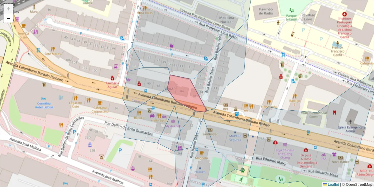 Mapa detalhado do código postal 1070-065 com limites, códigos postais vizinhos e agências dos correios