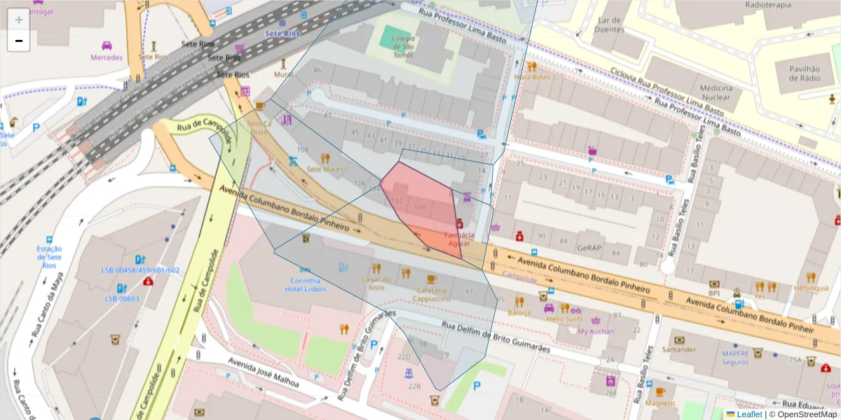 Mapa detalhado do código postal 1070-066 com limites, códigos postais vizinhos e agências dos correios