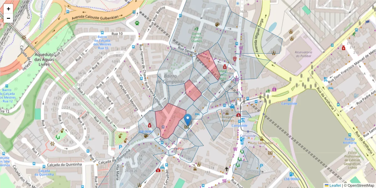 Mapa detalhado do código postal 1070-070 com limites, códigos postais vizinhos e agências dos correios