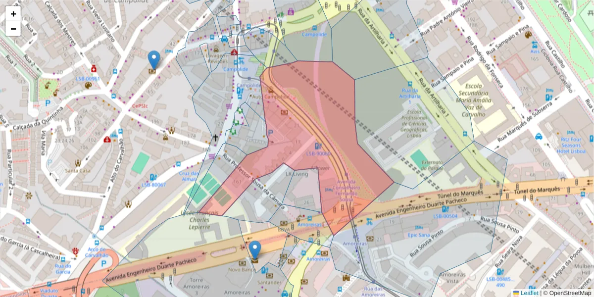 Mapa detalhado do código postal 1070-072 com limites, códigos postais vizinhos e agências dos correios