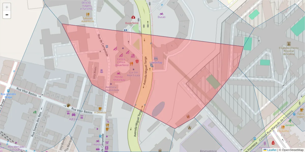 Mapa detalhado do código postal 1070-073 com limites, códigos postais vizinhos e agências dos correios