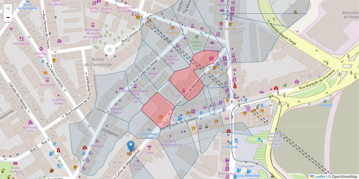 Mapa detalhado do código postal 1070-083 com limites, códigos postais vizinhos e agências dos correios
