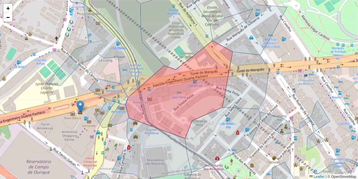 Mapa detalhado do código postal 1070-100 com limites, códigos postais vizinhos e agências dos correios