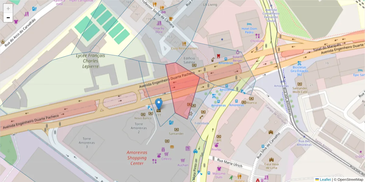 Mapa detalhado do código postal 1070-101 com limites, códigos postais vizinhos e agências dos correios